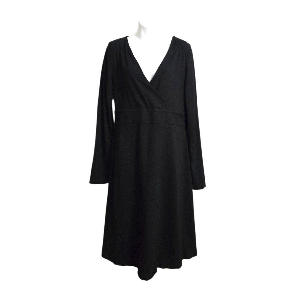 Eddie Bauer Faux Wrap Ponte Knit Long Sleeve Below The Knee Dress In Black Sz L